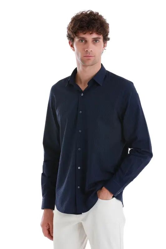 Lacivert Comfort Fit 100% Pamuk Slim Yaka Uzun Kollu Spor Gömlek - Lacivert - Hatemoğlu
