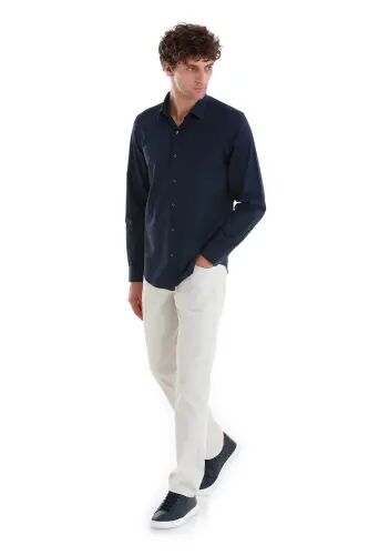 Lacivert Comfort Fit 100% Pamuk Slim Yaka Uzun Kollu Spor Gömlek - Lacivert - Hatemoğlu (1)