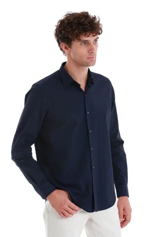 Lacivert Comfort Fit 100% Pamuk Slim Yaka Uzun Kollu Spor Gömlek - Lacivert - 3