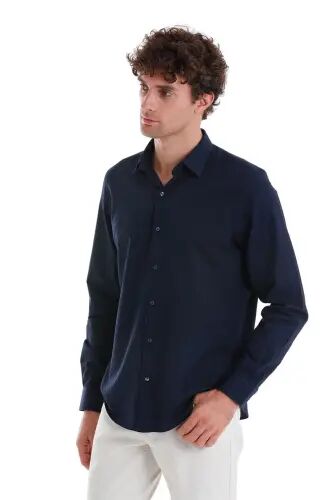 Lacivert Comfort Fit 100% Pamuk Slim Yaka Uzun Kollu Spor Gömlek - Lacivert - 4