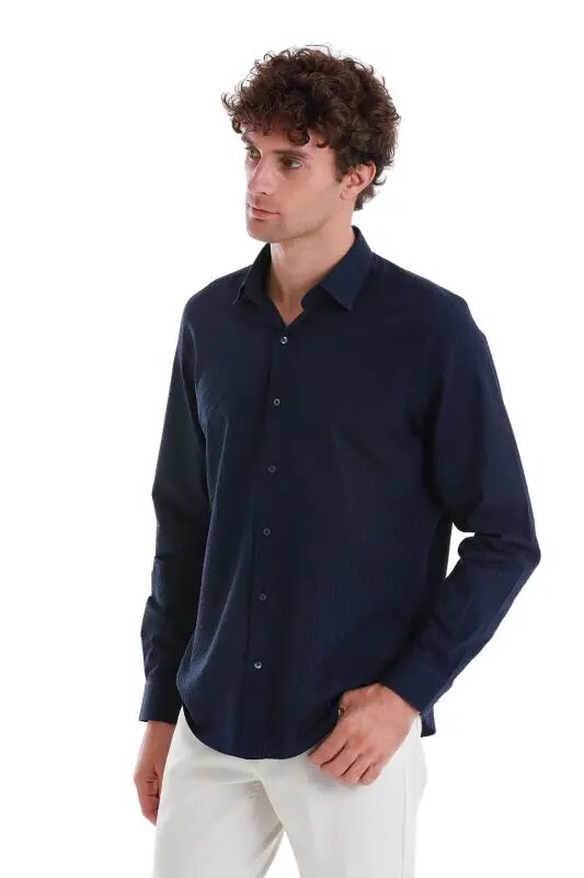 Lacivert Comfort Fit 100% Pamuk Slim Yaka Uzun Kollu Spor Gömlek - Lacivert - 4