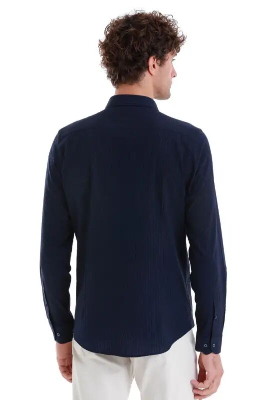 Lacivert Comfort Fit 100% Pamuk Slim Yaka Uzun Kollu Spor Gömlek - Lacivert - 6