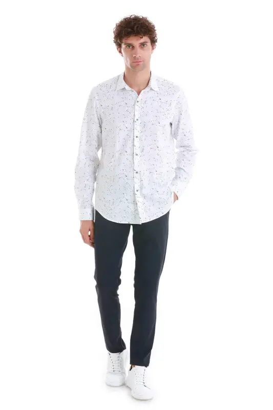 Lacivert Comfort Fit Baskılı Slim Yaka Uzun Kollu Spor Gömlek-Lacivert - 2