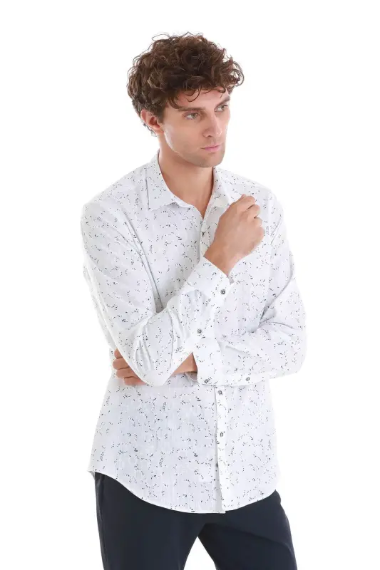 Lacivert Comfort Fit Baskılı Slim Yaka Uzun Kollu Spor Gömlek-Lacivert - 4