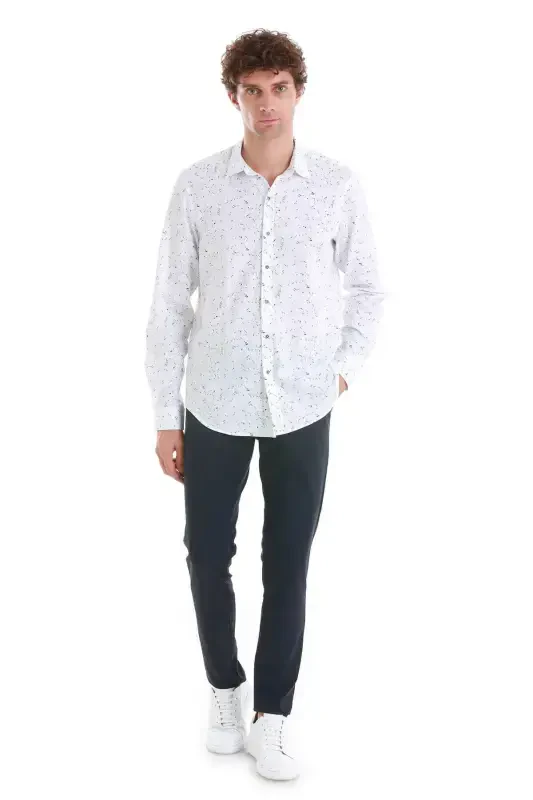 Lacivert Comfort Fit Baskili Slim Yoqa Uzun Qolli Sport Ko'ylak-Lacivert - 2