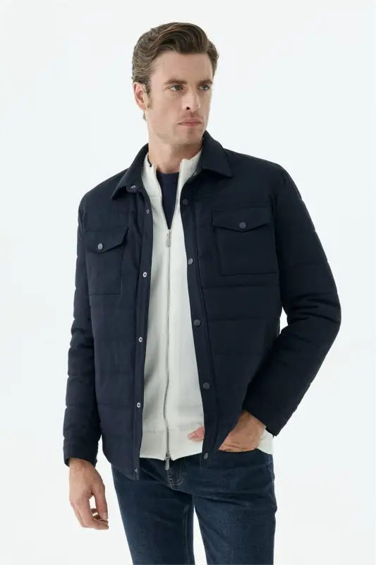 Lacivert Comfort Fit Bebe Yaka Çıt Çıtlı Mont - 5