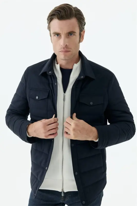 Lacivert Comfort Fit Bebe Yaka Çıt Çıtlı Mont - 6