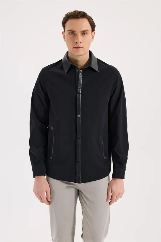 Lacivert Comfort Fit Bebe Yaka Hakiki Deri Detaylı Mevsimlik Spor Mont - 1