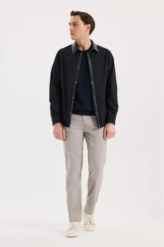 Lacivert Comfort Fit Bebe Yaka Hakiki Deri Detaylı Mevsimlik Spor Mont - 2