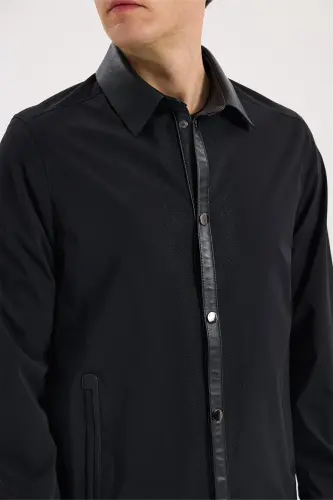 Lacivert Comfort Fit Bebe Yaka Hakiki Deri Detaylı Mevsimlik Spor Mont - 3