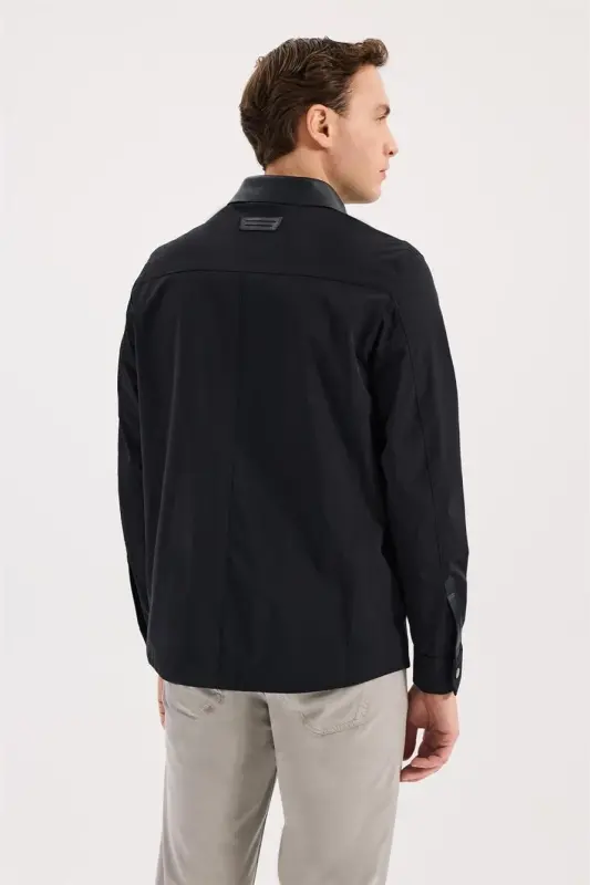 Lacivert Comfort Fit Bebe Yaka Hakiki Deri Detaylı Mevsimlik Spor Mont - 4