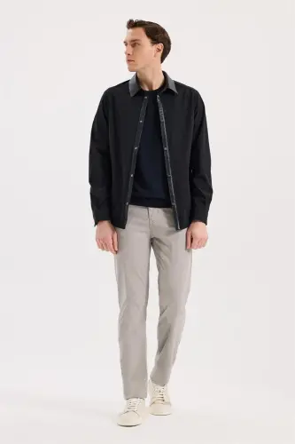 Lacivert Comfort Fit Bebe Yaka Hakiki Deri Detaylı Mevsimlik Spor Mont - JAKAMEN (1)