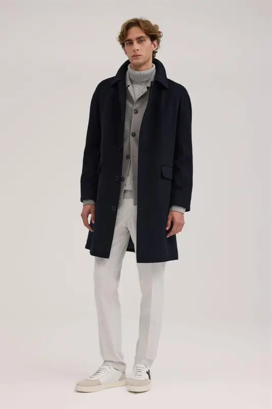 Lacivert Comfort Fit Bebe Yaka Yünlü Kaban - 2