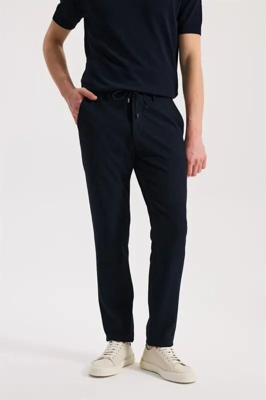 Lacivert Comfort Fit Beli Lastikli Esnek Kumaş Jogger Pantolon - 1