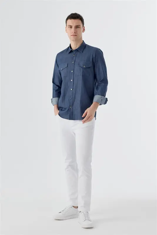 Lacivert Comfort Fit Cepli Çıtçıtlı %100 Pamuk Kot Gömlek - 2