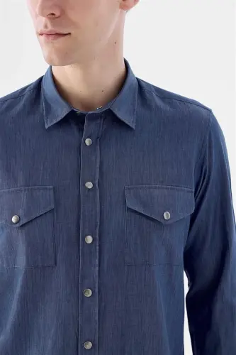 Lacivert Comfort Fit Cepli Çıtçıtlı %100 Pamuk Kot Gömlek - 3