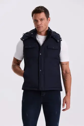 Lacivert Comfort Fit Cepli Kapüşonlu Rahat Kesim Safari Yelek 