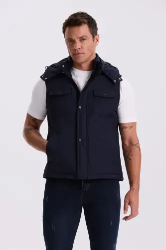 Lacivert Comfort Fit Cepli Kapüşonlu Rahat Kesim Safari Yelek 