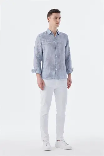 Lacivert Comfort Fit Chiziqli 100% Zig'ir Ko'ylak - 2