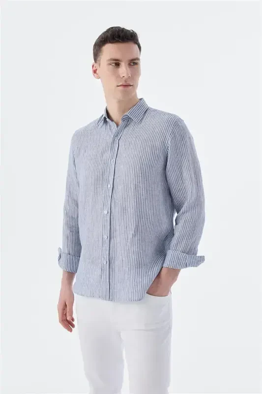 Lacivert Comfort Fit Chiziqli 100% Zig'ir Ko'ylak - 1