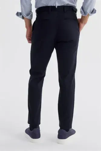 Lacivert Comfort Fit Çift Pileli Beli Tokalı Pamuklu Kanvas Pantolon - 4