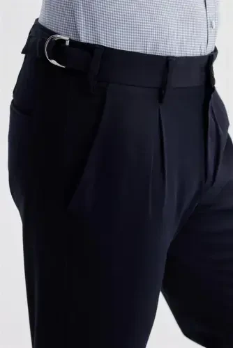 Lacivert Comfort Fit Çift Pileli Beli Tokalı Pamuklu Kanvas Pantolon - 3