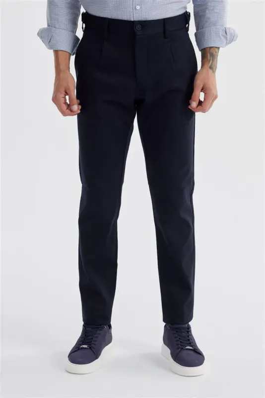 Lacivert Comfort Fit Çift Pileli Beli Tokalı Pamuklu Kanvas Pantolon - 1
