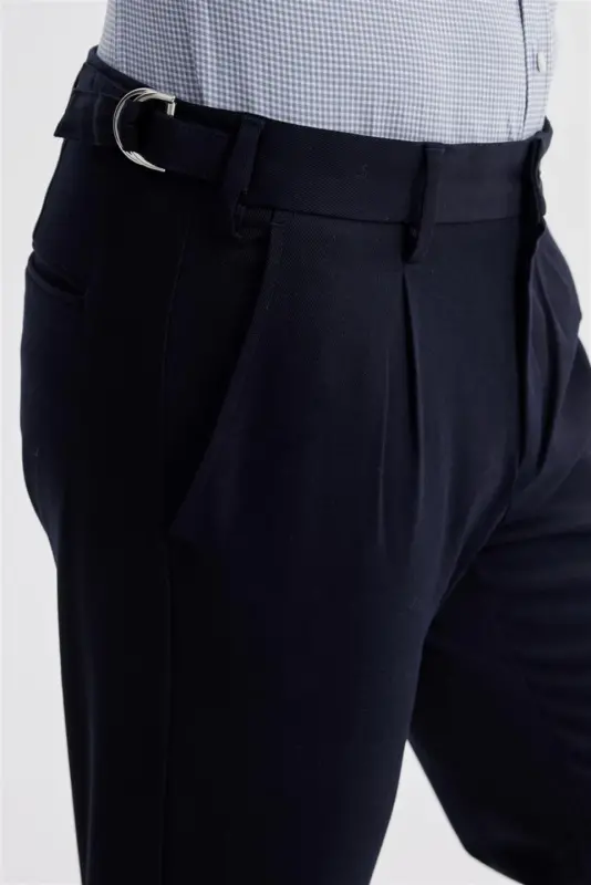 Lacivert Comfort Fit Çift Pileli Beli Tokalı Pamuklu Kanvas Pantolon - 3