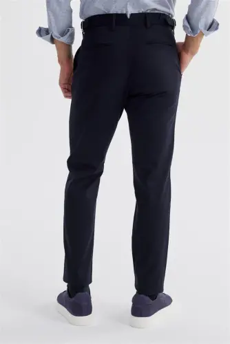 Lacivert Comfort Fit Çift Pileli Beli Tokalı Pamuklu Kanvas Pantolon - 4