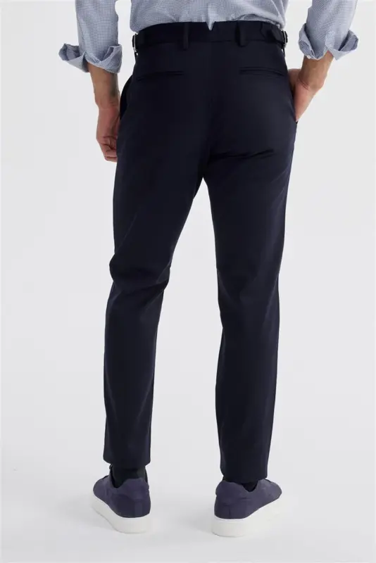 Lacivert Comfort Fit Çift Pileli Beli Tokalı Pamuklu Kanvas Pantolon - 4