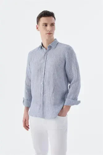 Lacivert Comfort Fit Çizgilli %100 Keten Gömlek 