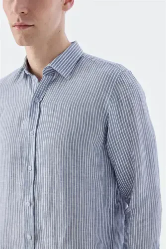 Lacivert Comfort Fit Çizgilli %100 Keten Gömlek - 3