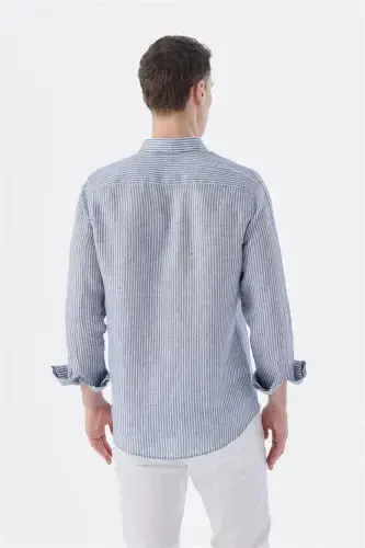 Lacivert Comfort Fit Çizgilli %100 Keten Gömlek - 4