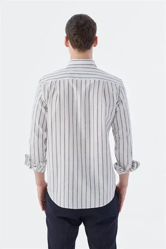 Lacivert Comfort Fit Çizgili Pamuklu Keten Gömlek - 4