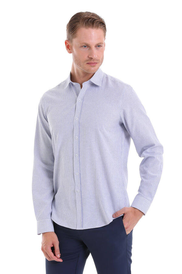 Lacivert Comfort Fit Çizgili Pamuklu Slim Yaka Uzun Kollu Spor Gömlek-Lacivert Ç. - 1