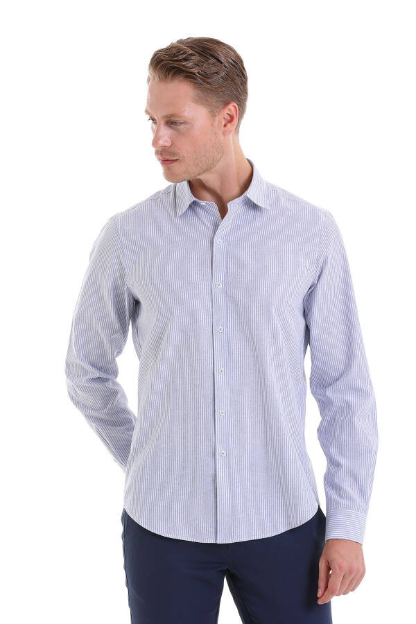Lacivert Comfort Fit Çizgili Pamuklu Slim Yaka Uzun Kollu Spor Gömlek-Lacivert Ç. - 3