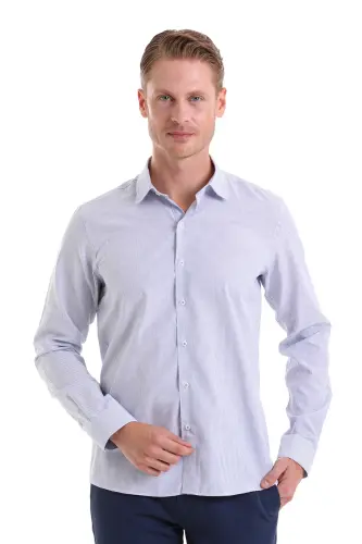 Lacivert Comfort Fit Çizgili Pamuklu Slim Yaka Uzun Kollu Casual Gömlek - Lacivert Ç. 