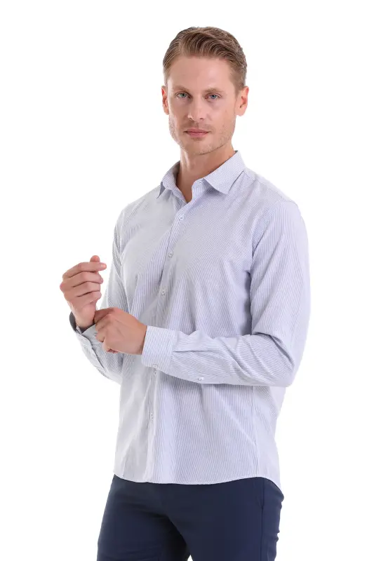 Lacivert Comfort Fit Çizgili Pamuklu Slim Yaka Uzun Kollu Casual Gömlek - Lacivert Ç. - 3