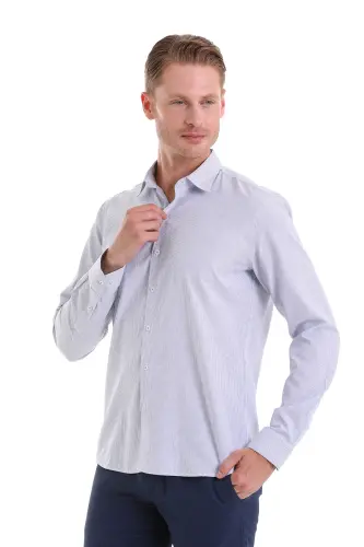 Lacivert Comfort Fit Çizgili Pamuklu Slim Yaka Uzun Kollu Casual Gömlek - Lacivert Ç. - 5