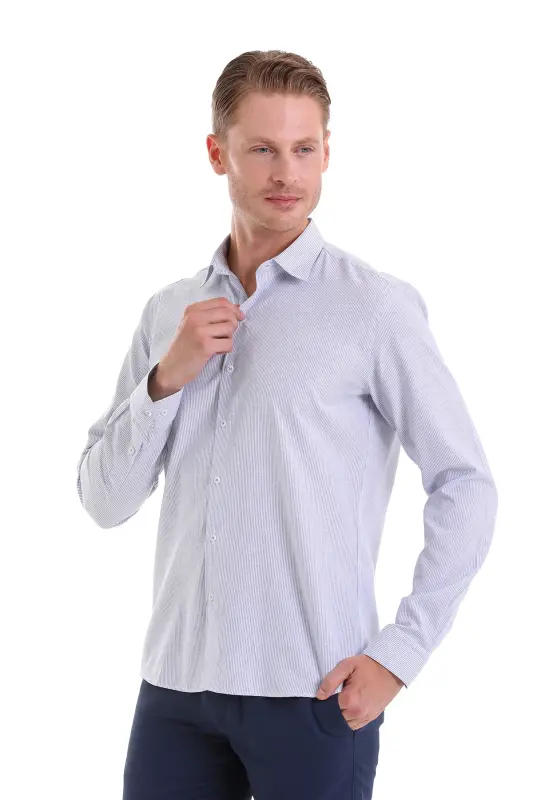 Lacivert Comfort Fit Çizgili Pamuklu Slim Yaka Uzun Kollu Casual Gömlek - Lacivert Ç. - 5