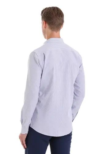 Lacivert Comfort Fit Çizgili Pamuklu Slim Yaka Uzun Kollu Casual Gömlek - Lacivert Ç. - 6