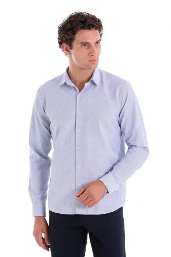 Lacivert Comfort Fit Çizgili Pamuklu Slim Yaka Uzun Kollu Casual Gömlek - LACİVERT K. - Hatemoğlu (1)