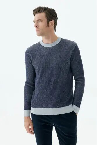 Lacivert Comfort Fit Desenli Bisiklet Yaka Triko - Jakamen (1)