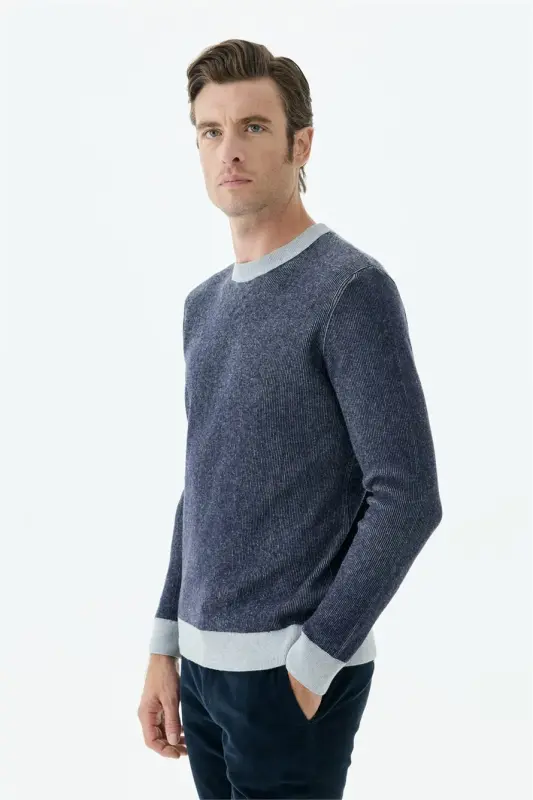 Lacivert Comfort Fit Desenli Bisiklet Yaka Triko - 4
