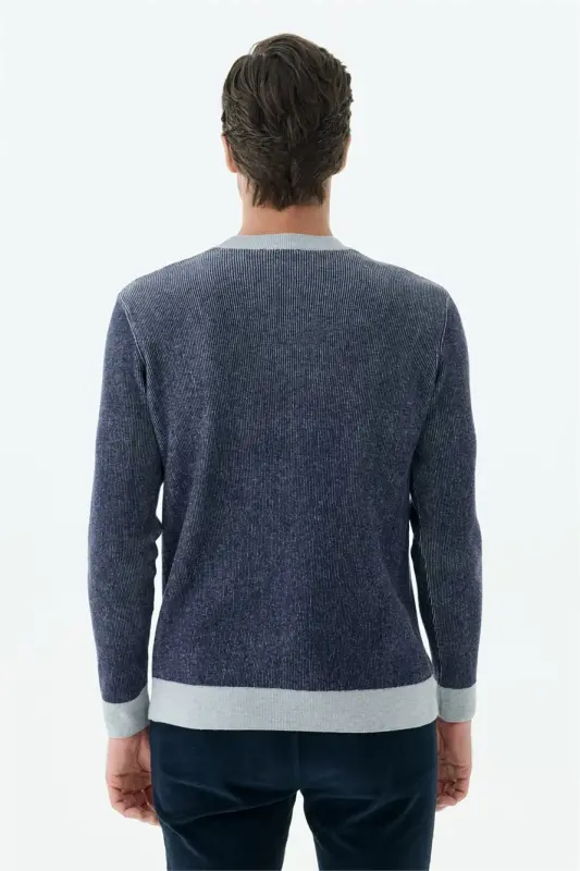 Lacivert Comfort Fit Desenli Bisiklet Yaka Triko - 7