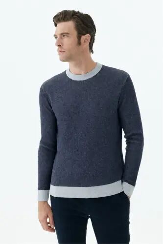 Lacivert Comfort Fit Desenli Bisiklet Yaka Triko - Jakamen (1)