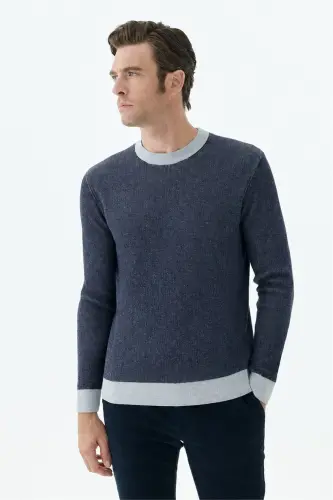 Lacivert Comfort Fit Desenli Bisiklet Yaka Triko - Jakamen (1)