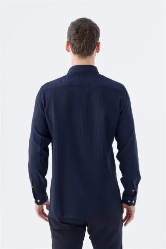Lacivert Comfort Fit Desenli Esnek Kumaş Pamuklu Spor Gömlek - 3