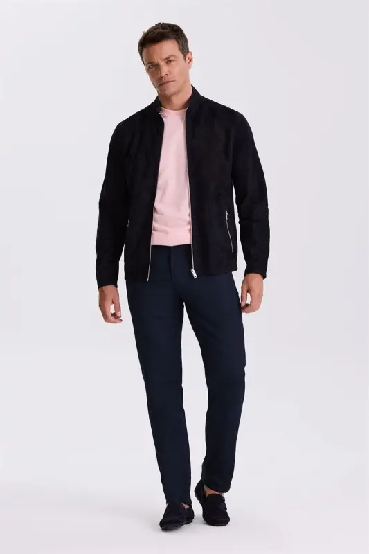 Lacivert Comfort Fit Dik Yaka Çift Taraflı %100 Deri Mont - 1