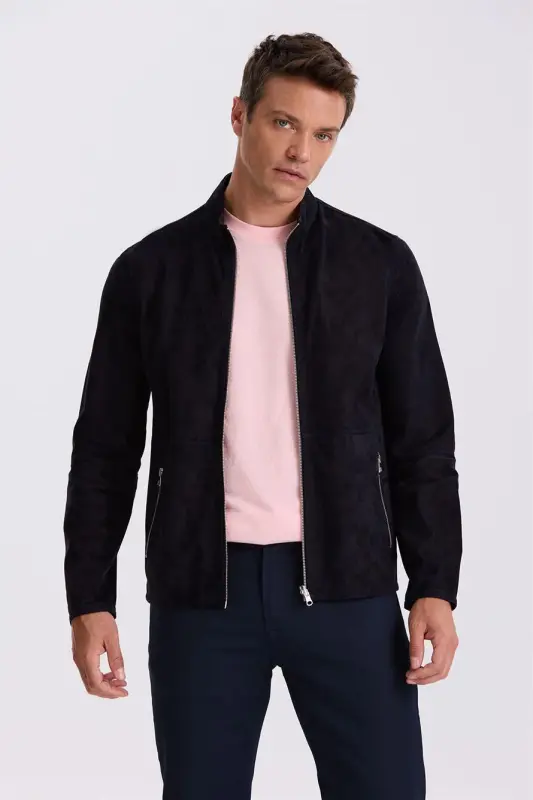 Lacivert Comfort Fit Dik Yaka Çift Taraflı %100 Deri Mont - 2